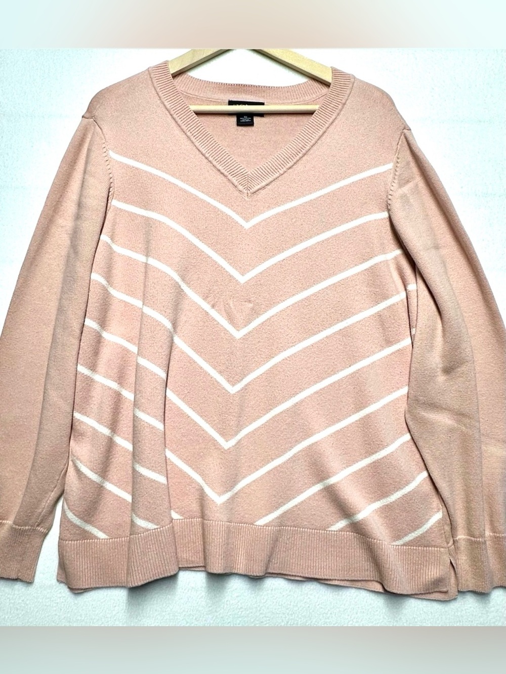 Liz Claiborne 3X Pink White Chevron V-Neck Cotton Sweater Plus Size